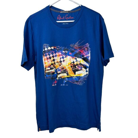 Robert Graham T-Shirt Douvier Racing Graphic Blue Size Men's Medium NWT - Picture 1 of 8